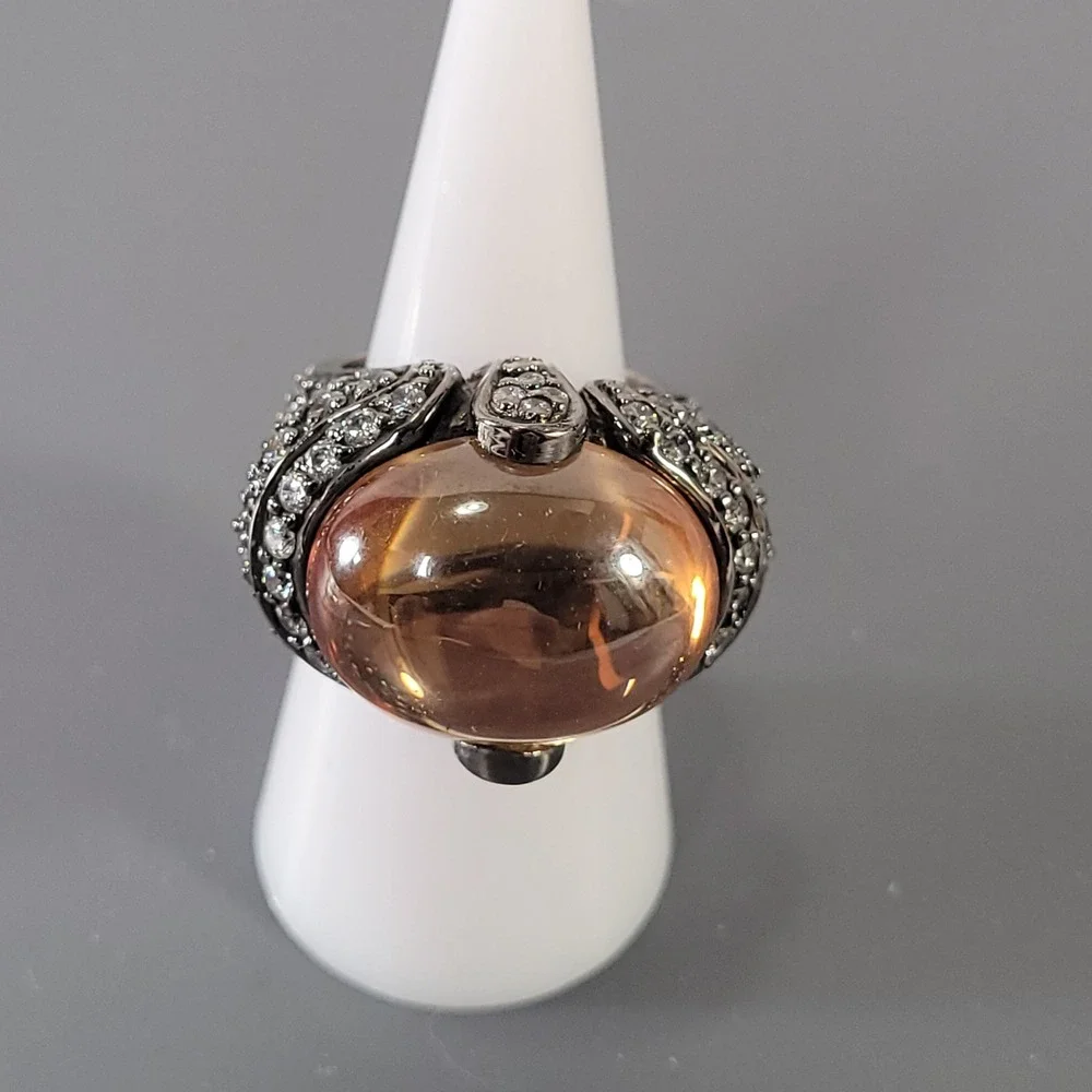 Sterling Silver Ring Chunky Mens Amber Cabochon Pave Size 7.25 Heavy 26.8g 925